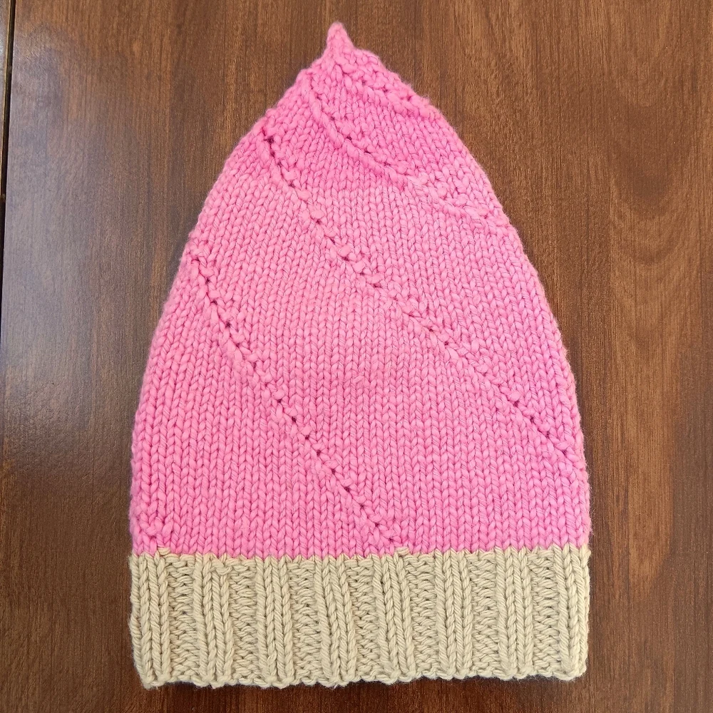 Hand Crafted Handknit Pink Cotton Strawberry Swirl Ice Cream Cone Baby Hat 6M